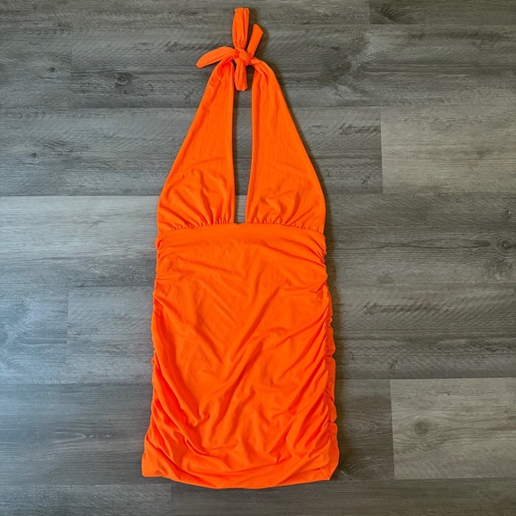 Neon Orange Halter Mini Dress Bodycon Ruched Bright Party Medium - Picture 3 of 12